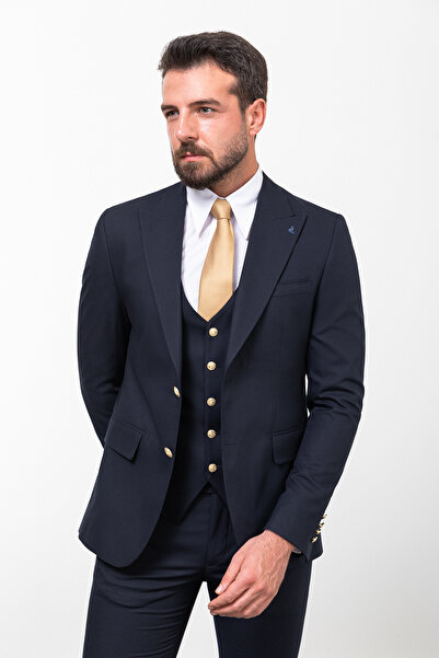 Mcr Plain Navy Blue Slim Fit Wide Collar Men's Suit
