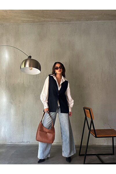 minaaise Women's Navy Blue Raised Polyviscon Wide Cut Lined Vest 28243