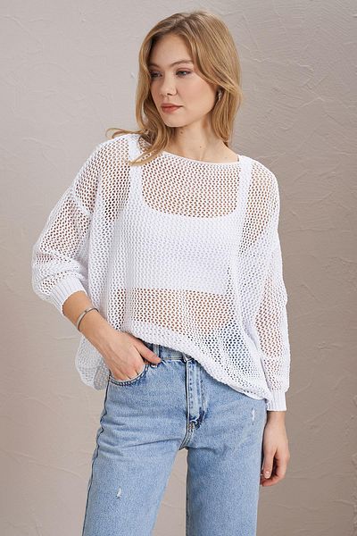 TENA Women's White Crew Neck Basic Mesh Knitwear Sweater