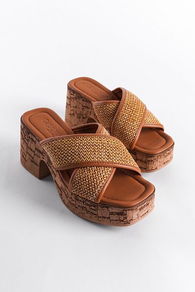 Capone Outfitters Damen-Hausschuhe mit Kork-Plateausohle und Stroh-Kreuzriemen