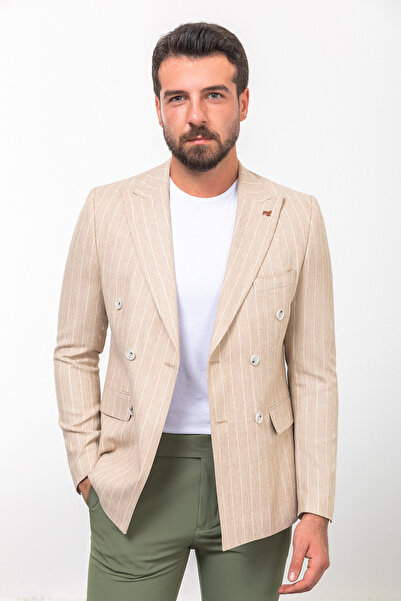 Mcr Striped Slim Fit Wide Collar Double Breasted Linen Men's Jacket Beige - 40305.23Y