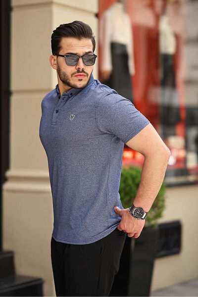 Miron Μπλουζάκι Polo Neck Navy Blue με κοντό μανίκι - Twisted Fabric 2420
