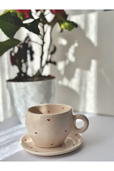 KABİLE SERAMİK كوب وكوب سيراميك أحمر - مصنوع يدويًا على شكل قلب وقاعدة