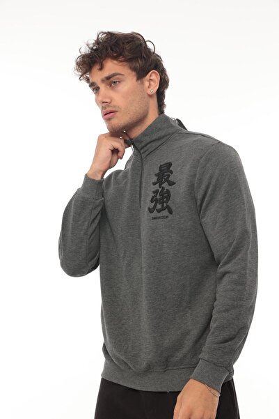Miron Antrasit Üç Iplik Fermuarlı Nakış Detaylı Regular Fit Sweatshirt- 2327