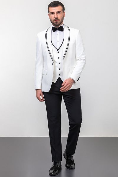 Mcr Straight Slim Fit Striped Wide Collar Men's Groom Suit Ecru - 45232.23Y