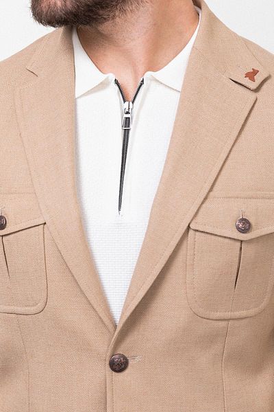 Mcr Crushed Slim Fit Bag Pocket Mono Collar Linen Men's Jacket Beige - 40316.23Y