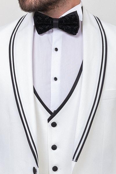 Mcr Straight Slim Fit Striped Wide Collar Men's Groom Suit Ecru - 45232.23Y