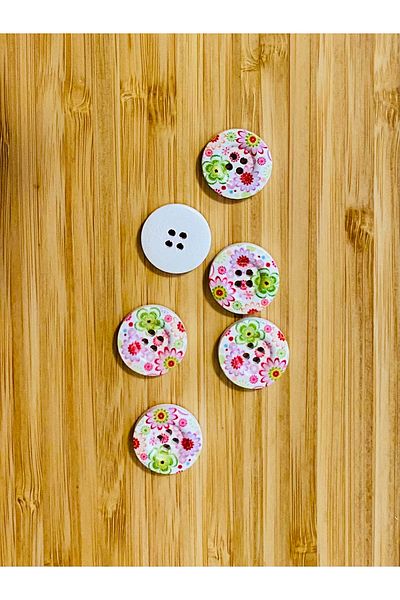 Kartopu Decorative Painted Wooden Flower Printed Button 18 Mm. Pack of 6. Flower Pattern.