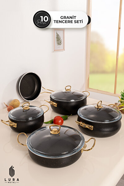 Skygo 10 Parça Siyah Granit Tencere Seti - Pyrex Kapaklı ve Gold Kulplu Premium Tasarım