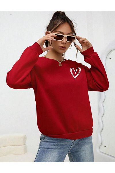 zunop Women's Red Heart Printed Crew Neck Oversize Sweatshirt