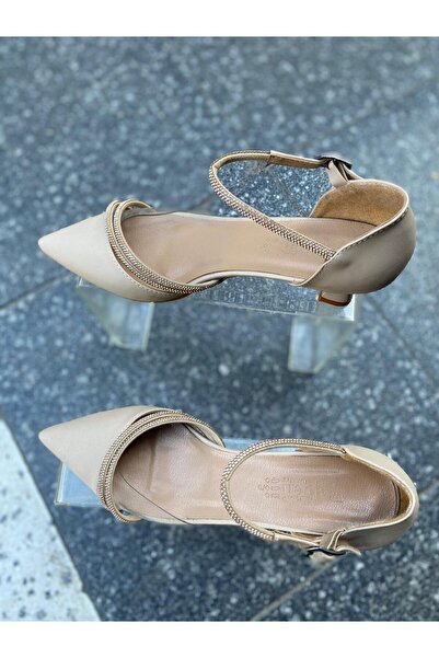 Aysun Ayakkabı vizon rengi taş aksesuarlı bağcıklı kısa topuklu cild deri kad...