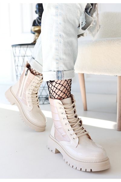 Aemido Josse Beige Patent Leather Lace up Boots