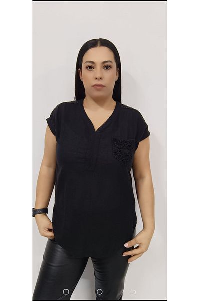 AKŞEN GİYİM Plus Size Brode Detailed Cotton Washed V-Neck Blouse - Shoulder and Pocket High Design