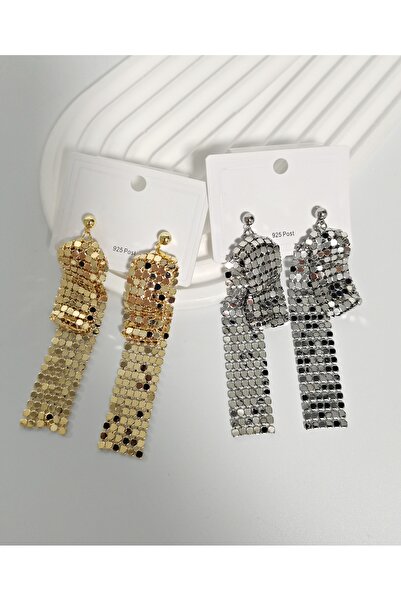 mos&more Gold Uzun Sallantılı Işıltılı Şık Abiye Günlük Kadın Küpe