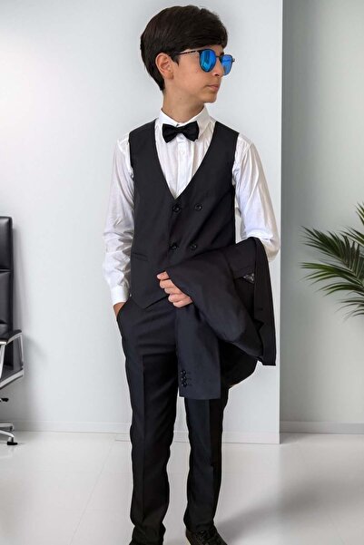 Riccotarz Erkek Çocuk Blazer Ceketli, Cepken Yelekli Siyah Takım Elbise