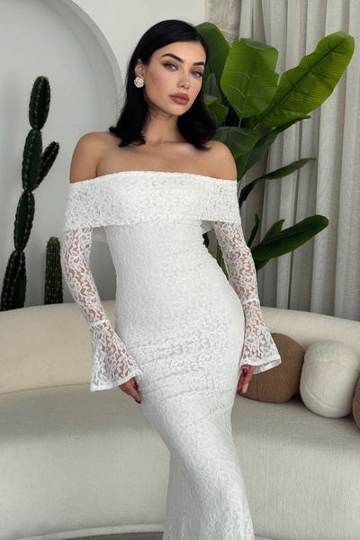 WOMAN VISION Kadın Beyaz Astarlı Dantel Kumaş Tasarım  Straplez Uzun Kollu Maxi Elbise 282