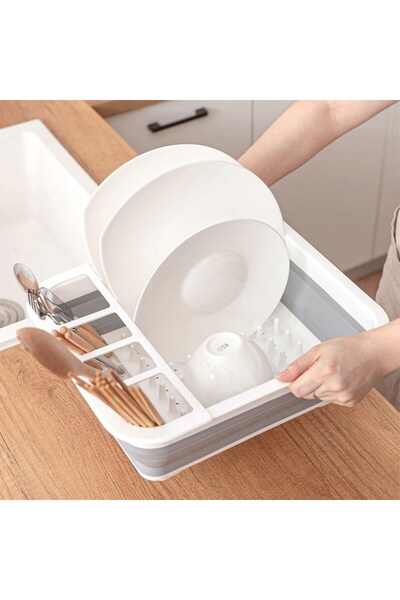 TİCARETSEPETİM Countertop Folding Dish Drying Rack with Spoon Compartment