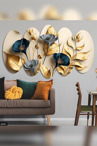 Evinemoda Zarif Altın Ve Mavi Çiçekler Ile Dallar 5 Parçalı Mdf Tablo