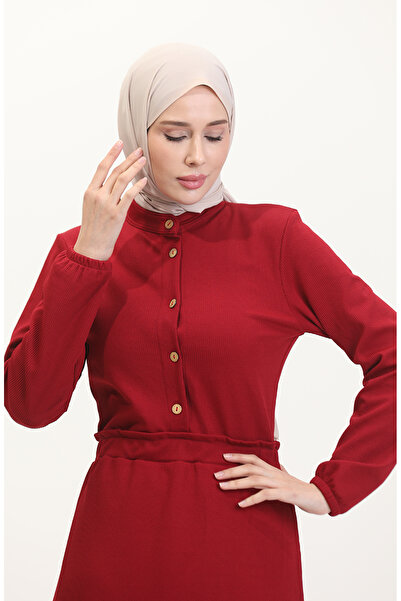 sefamerve Richter Collar Half Buttoned Dress 0522-01 Claret Red