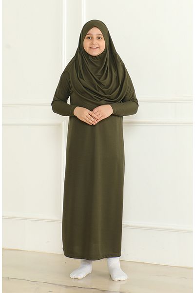 sefamerve Praktisches einteiliges Gebetskleid für Kinder mit Hijab – 1985–03 Khaki