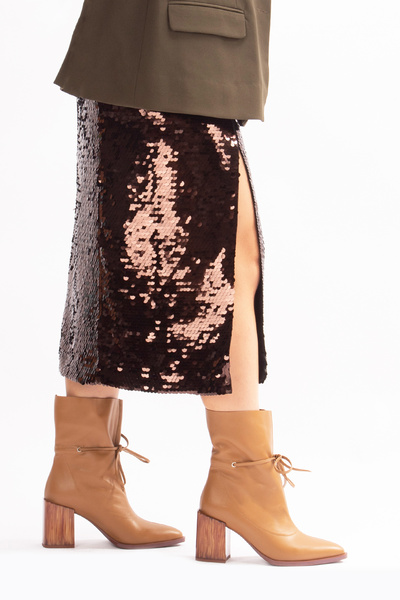 Nemesis Shoes Raisa Deri Bağcıklı Kadın Topuklu Bot Taba Deri