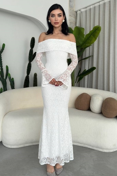 WOMAN VISION Kadın Beyaz Astarlı Dantel Kumaş Tasarım  Straplez Uzun Kollu Maxi Elbise 282