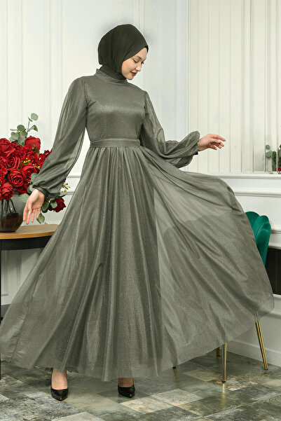 poplinmoda Simli Beli Kuşaklı Balon Kol Tesettür Abiye