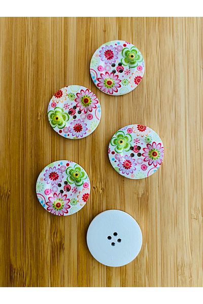 Kartopu Decorative Painted Wooden Flower Printed Button 28 Mm. Pack of 5. Flower Pattern.