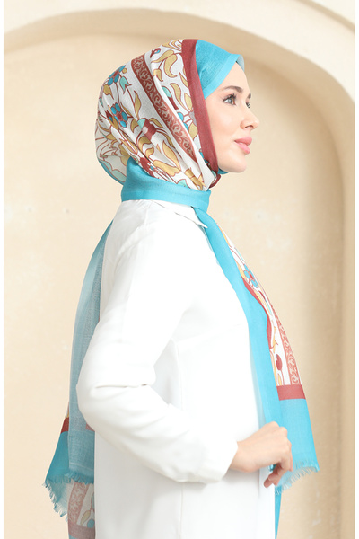 sefamerve Karaca Ethnic Patterned Cotton Shawl 90179-02 Turquoise Tan