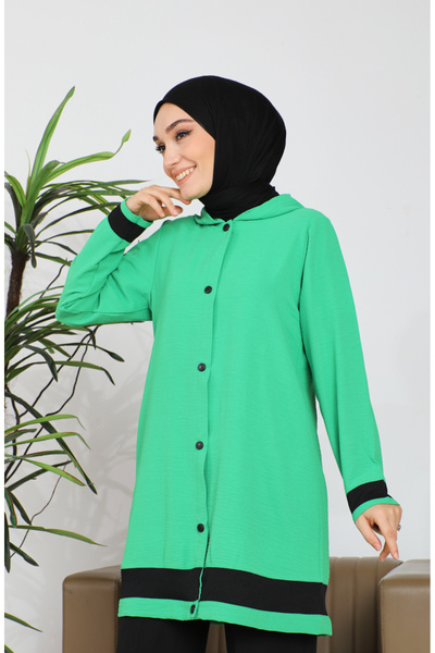 sefamerve Green Aerobin Fabric Hooded Tunic and Blouse Double Set - 9115-02