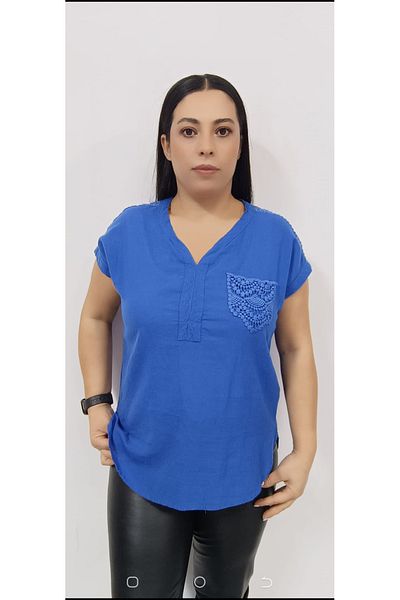 AKŞEN GİYİM Plus Size Brode Detailed Cotton Washed V-Neck Blouse - Shoulder and Pocket High Design