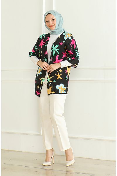 sefamerve Kimono cu model viscoză - 83006A-01 negru fucsia