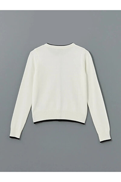 LC Waikiki LCW Vision Ekru Bisiklet Yaka Renk Bloklu Kadın Triko Hırka