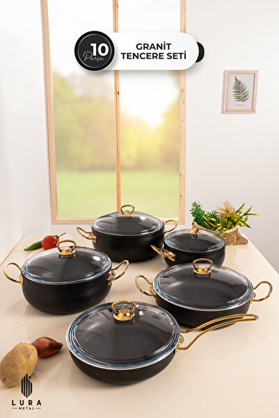 Skygo 10 Parça Siyah Granit Tencere Seti - Pyrex Kapaklı ve Gold Kulplu Premium Tasarım