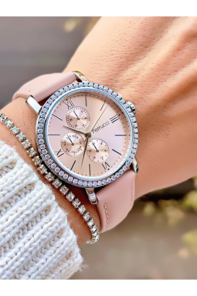 Ferrucci DERİ KORDON ROMA RAKAMLI TAŞLI 3 ATM SU GEÇİRMEZ KADIN KOL SAATİ+BİL...