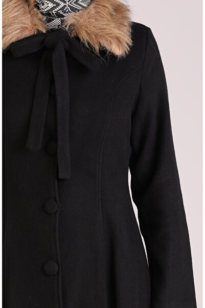 sefamerve Black Stamp Coat - with Fur Collar, Model 71186-01