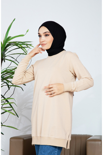 sefamerve İki İplik Yırtmaç Detaylı Sweatshirt 9103-03 Bej