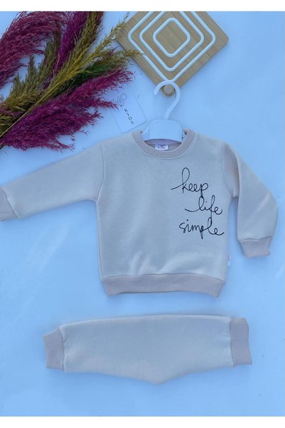 MGO KİDS MGOO KİDS KIZ BEBEK YAZI BASKILI ŞARDONLU ÜÇ İPLİK 2 Lİ ALT ÜST TAKIM