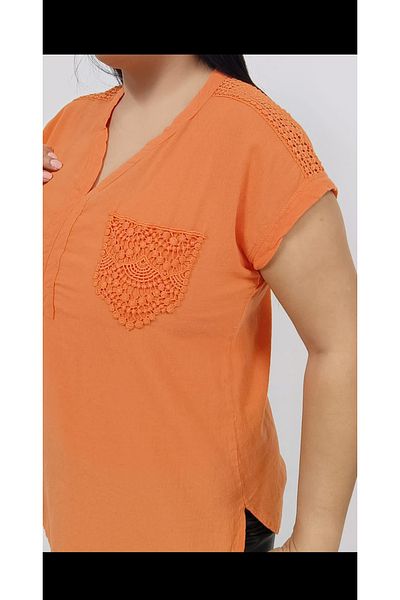 AKŞEN GİYİM Plus Size Brode Detailed Cotton Washed V-Neck Blouse - Shoulder and Pocket High Design