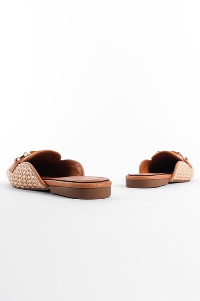 Capone Outfitters Γυναικείες παντόφλες από γνήσιο δέρμα με κοντό τακούνι, ψάθινη αγκράφα