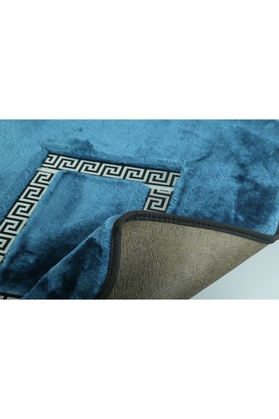 FeelHome Σετ πατάκι μπάνιου Ultra Luxury 2 τεμαχίων - Αντιολισθητική βάση Meram, Λεπτομέρεια από απορροφητικό δέρμα, μπλε & ασημί