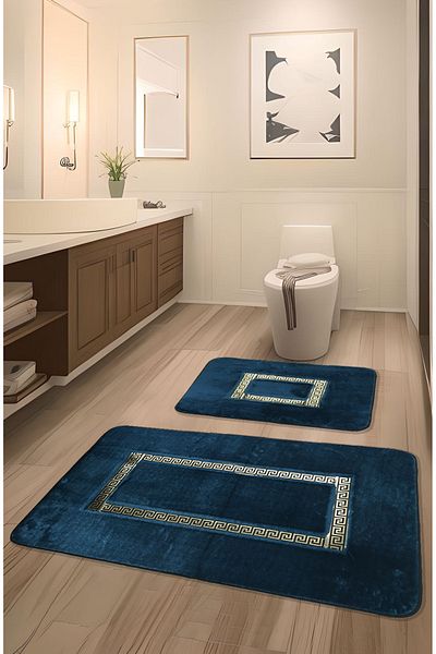 FeelHome Σετ χαλάκι μπάνιου Ultra Luxury 2 τεμαχίων - Αντιολισθητική βάση Meram, Λεπτομέρεια από απορροφητικό δέρμα, μπλε & χρυσό