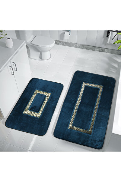 FeelHome Набір з 2 ультра-розкішних килимків для ванної кімнати - Meram, нековзна основа, деталі з поглинаючої шкіри, синій та золотий