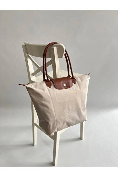 Hepsi Moda حقيبة كتف قابلة للطي بمقبض جلدي - بيج وتان