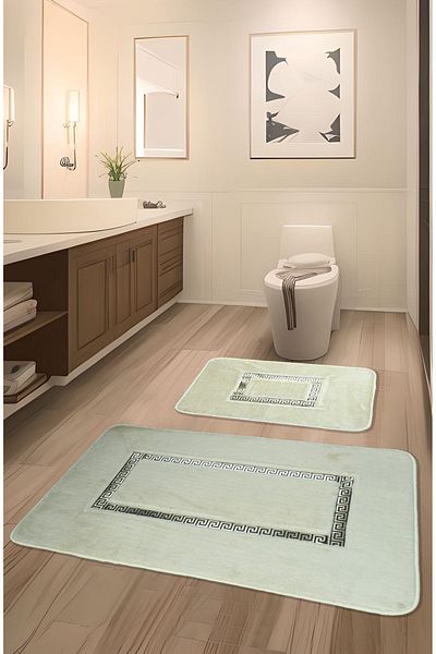 FeelHome Σετ πατάκι μπάνιου Ultra Luxury 3 τεμαχίων - Αντιολισθητική βάση, Λεπτομέρεια από απορροφητικό δέρμα, κρέμα & χρυσό