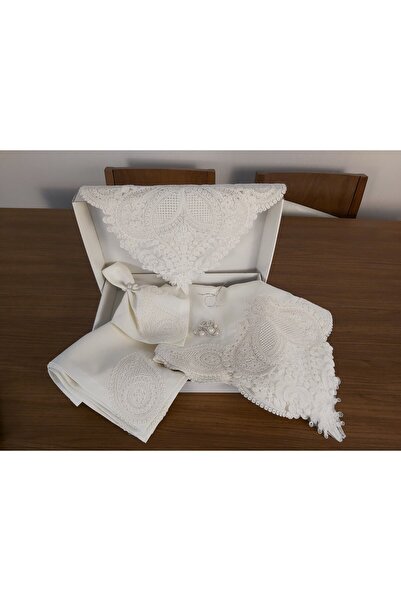 bursa çeyiz Luxury Cream Lace Table Set for 12 People - Tablecloth with Ranir (26 Pieces)