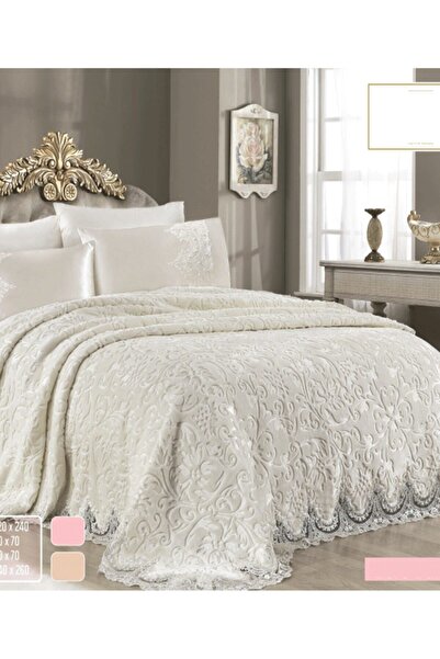bursa çeyiz Ebru Fransız Güpürlü 6 Parça Lüx Battaniye Seti Krem Rengi