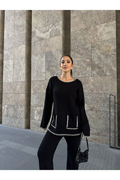 dignus طقم سترة صوفية كبيرة الحجم بتفاصيل جيب وياقة وخصر عالي وبنطلون واسع ال...