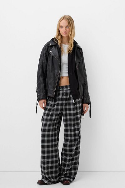 Bershka Straight fit check trousers