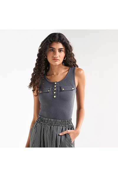 FAV Ribbed Tank Top with Round Neck and Flap Detail